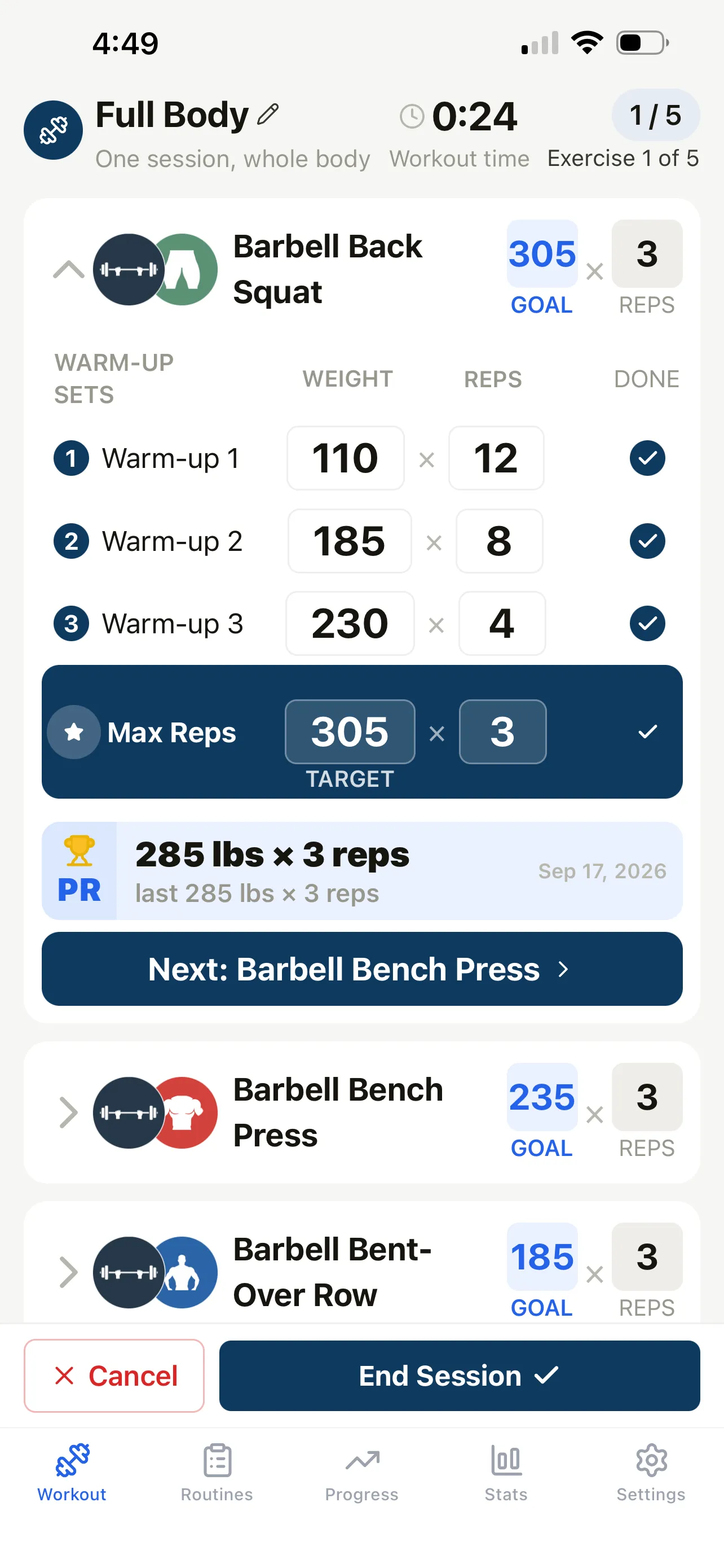 FitRange workout screen for Barbell Back Squat: three warm-up sets, the working set target of 305 lb for 3 reps, and the last personal record shown.