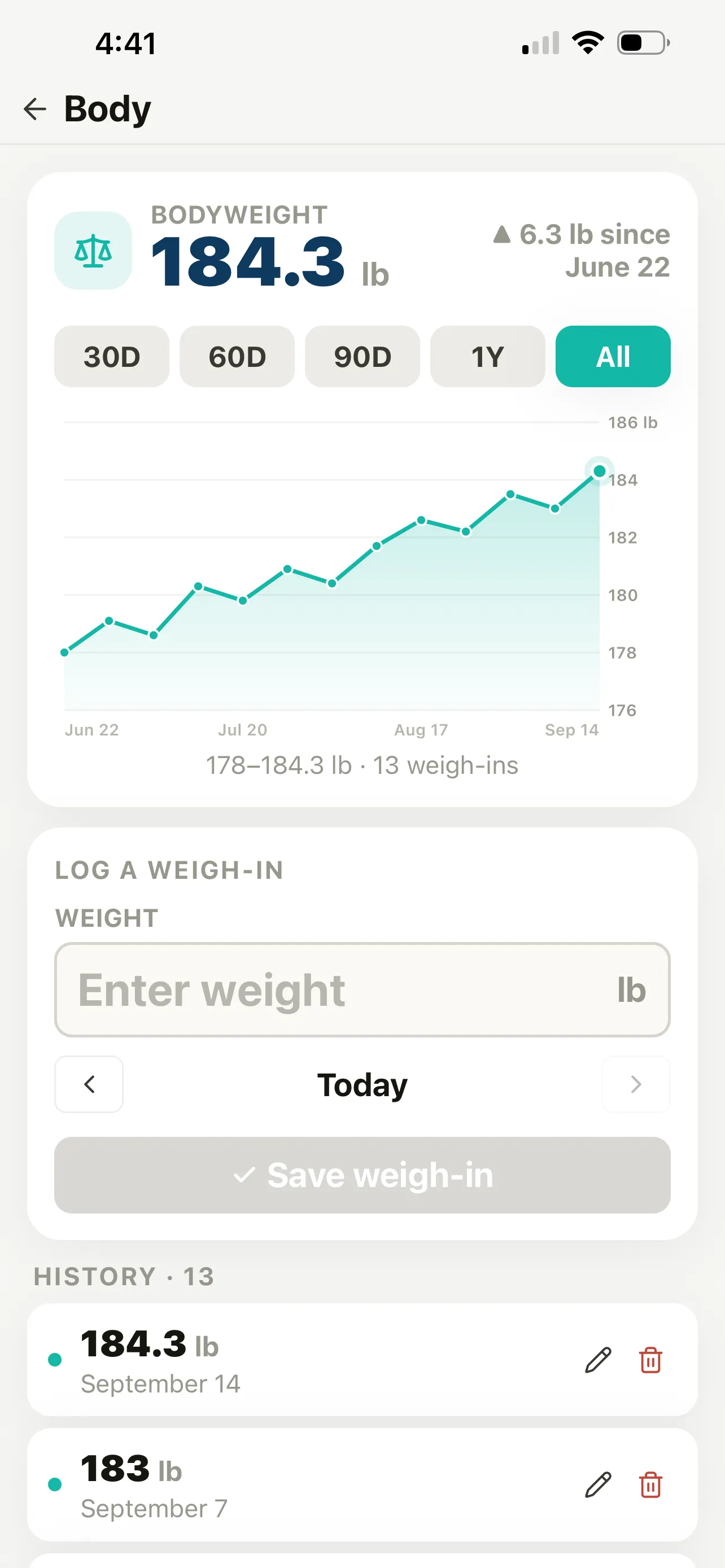 FitRange Body screen with a bodyweight chart over time, a field to log a weigh-in, and weigh-in history.