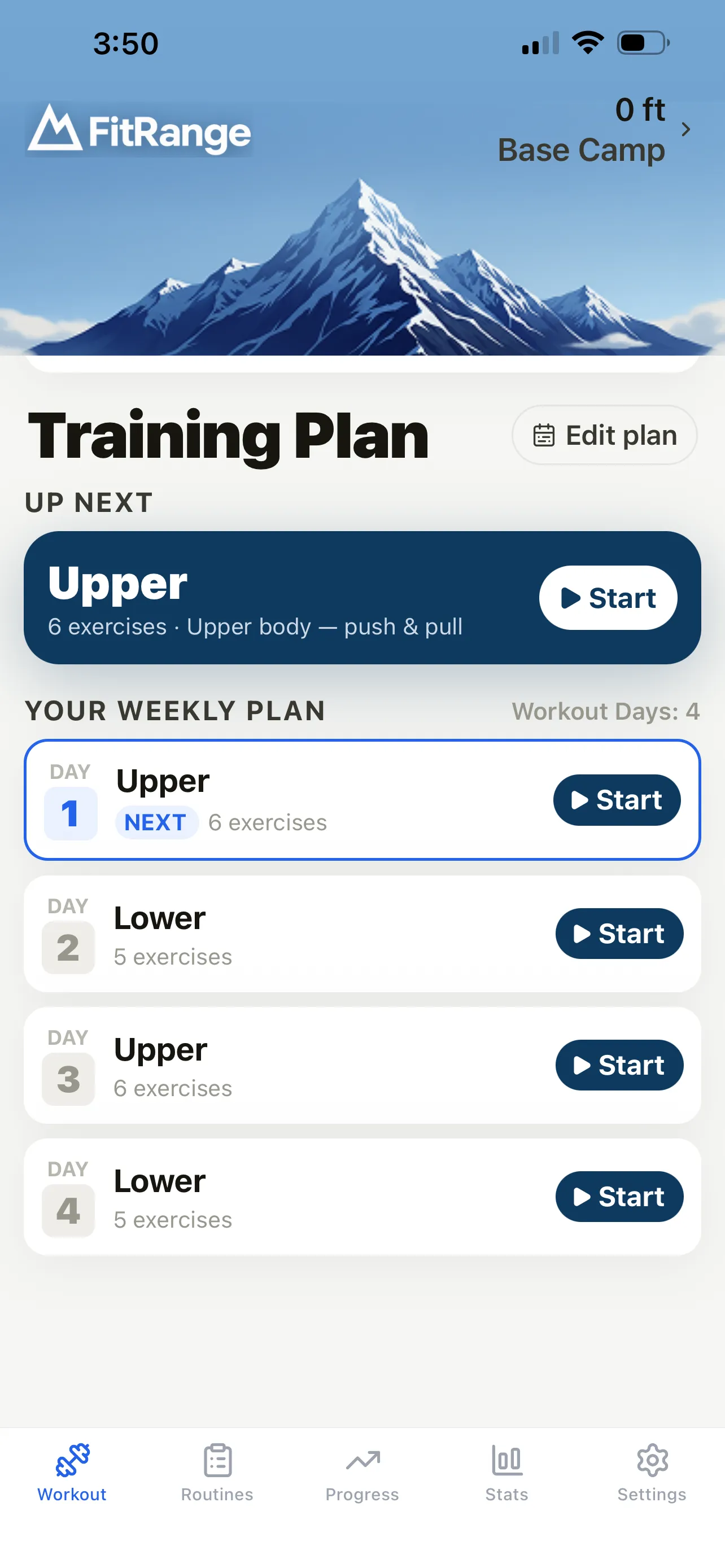 FitRange home screen at Base Camp, 0 ft, showing the training plan with the next workout and the weekly plan of upper and lower sessions.